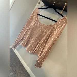 Light pink/nude long sleeve blouse with white polka dots